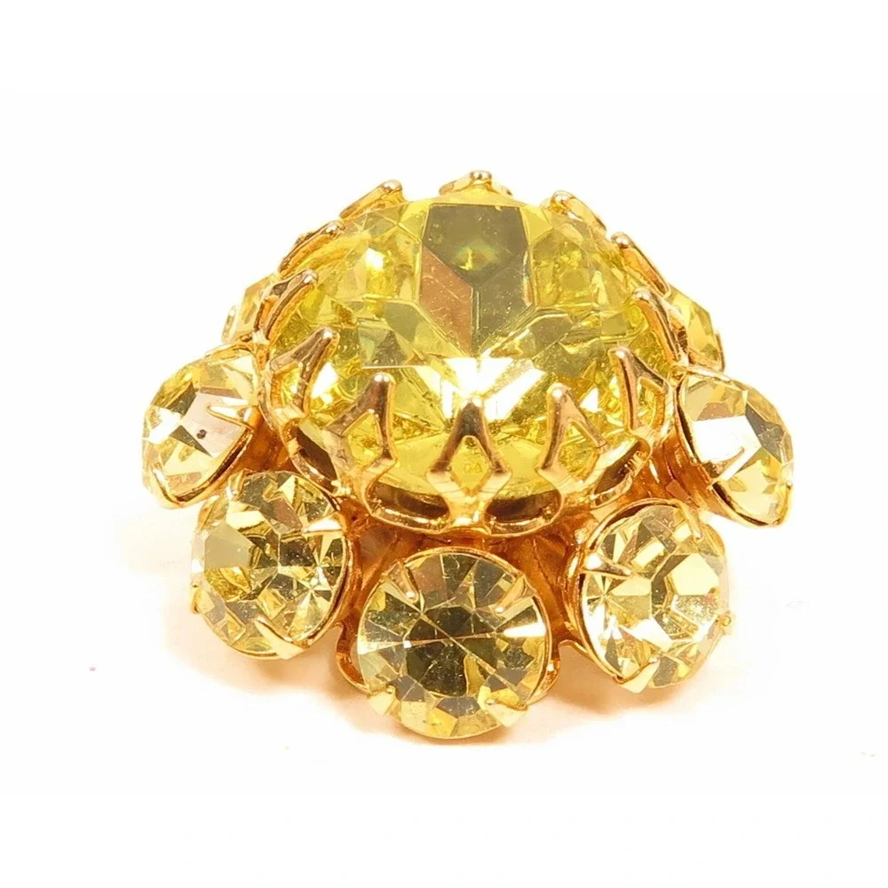 Bright Yellow Sparkly 23mm Vintage Rhinestone Button*Gold Toned Metal‎